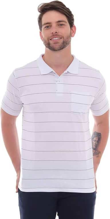 Camisa Polo Cassian - Camisa Polo Listrada Branca com Bolso