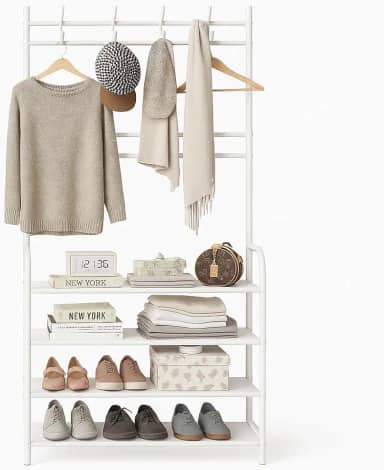 Sapateira Organizador com Cabideiro de Chão e 4 Prateleiras | Arara Multiuso Vertical para Roupas, Bolsas e Sapatos (Branco)