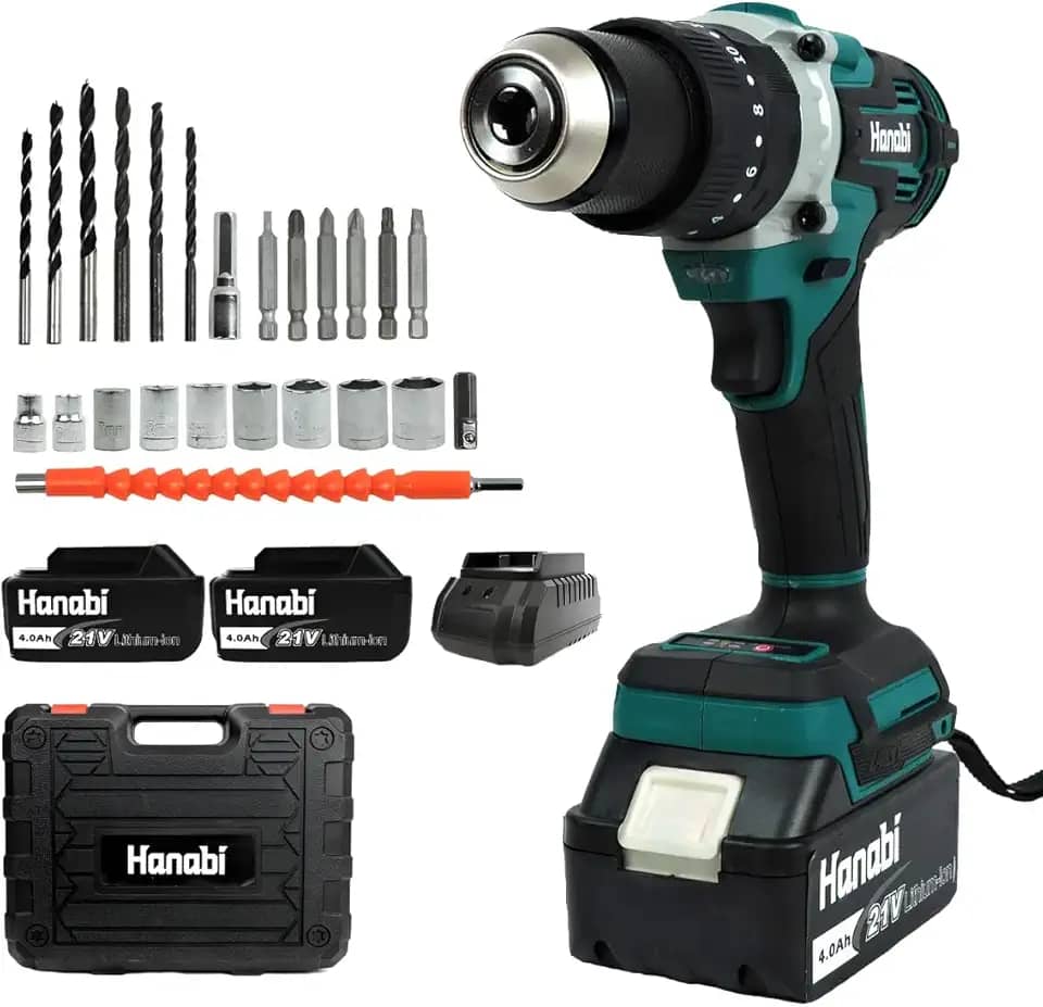 Hanabi Parafusadeira e Furadeira Motor Brushless com Impacto 21V Sem Fio 80N.m, 1700 RPM com LED Kit Parafusadeira Eletrica Com 2 Baterias de 4,0Ah 13mm