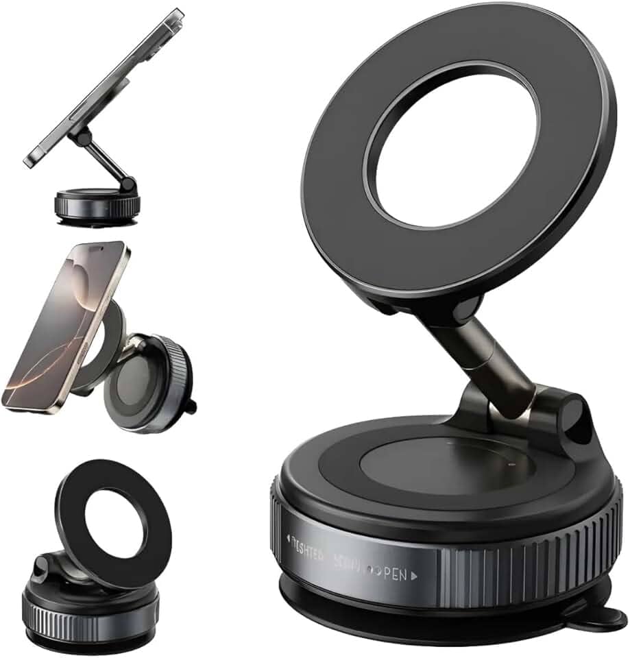 Suporte para Celular Magnético Moto Carro Academia Dobrável com Sucção a Vácuo Portátil Rotação 360º Fixação em Espelho Painel de Carro Ideal para Vídeos GPS Lives Gravações