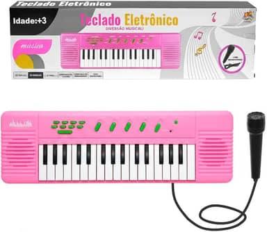 Teclado Musical Eletrônico Infantil Rosa 32 Teclas com Microfone Várias Funções