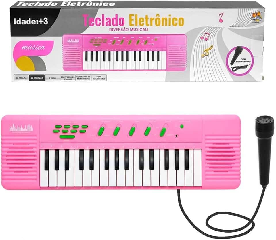 Teclado Musical Eletrônico Infantil Rosa 32 Teclas com Microfone Várias Funções