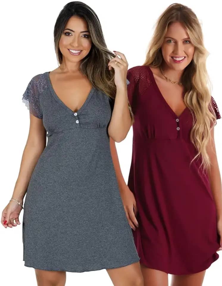 Kit com 2 Camisolas em Viscose com Detalhes Renda Estilo Camiseta Noite Dormir Amamentação Maternidade