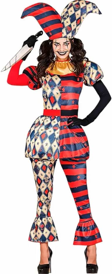 Fantasia Halloween Adulta Feminina Roupa de Palhaça Boba da Corte Completa Camisa Calça Chapéu