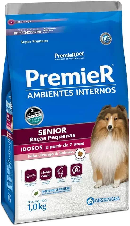 Ração Premier Senior Ambientes Internos para Cães Adultos 7+ Sabor Frango e Salmão, 1kg Premier Pet Raça Idosos,