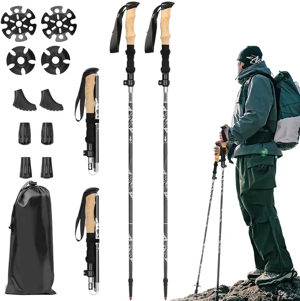 Trekking Bastão 2PCS, Conjunto de Bastões de Trekking Dobráveis, Imitação de Cortiça Eva Handle, Liga de Alumínio Trekking Pole, Tungsten Manganês Rod Tip Trekking Pole, Bastão Retrátil 33 cm-125 cm