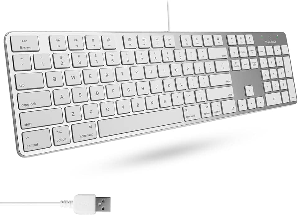 Macally Teclado ultrafino USB com fio com teclado numérico para Apple Mac Pro, MacBook Pro/Air, iMac, Mac Mini, computadores portáteis, Windows Desktop PC, prata (SLIMKEYPROA)