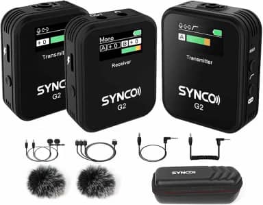 SYNCO Microfone lapela sem fio G2 (A2) canal duplo 2.4G profissional sem fio com clipe, sistema de microfone 2 transmissores e 1 receptor de alcance de 150 metros para câmera DSLR, tablet Android, iPhone para vlogging YouTube