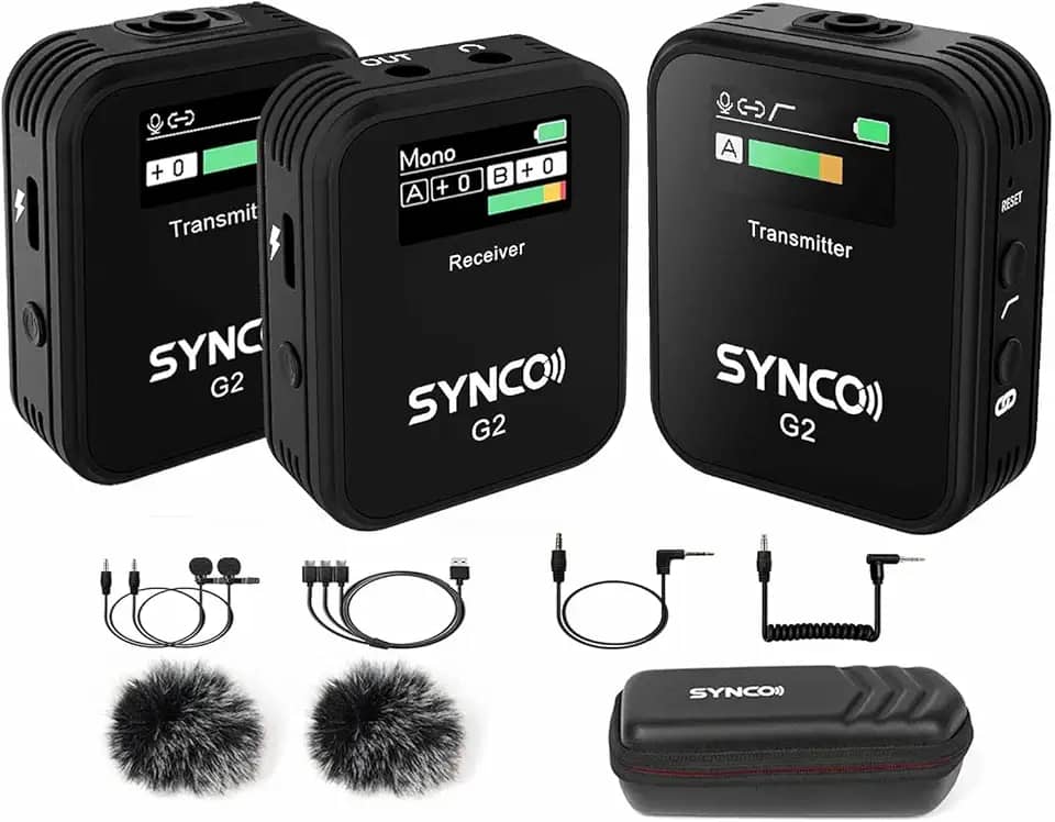 SYNCO Microfone lapela sem fio G2 (A2) canal duplo 2.4G profissional sem fio com clipe, sistema de microfone 2 transmissores e 1 receptor de alcance de 150 metros para câmera DSLR, tablet Android, iPhone para vlogging YouTube
