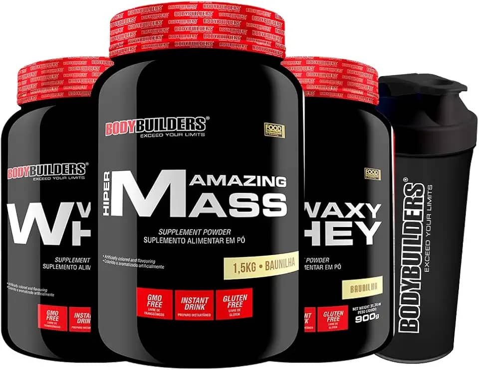 KIT 2x Waxy Whey 900g + Amazing Mass 1,5kg + Coqueteleira - Bodybuilders Sabor Baunilha