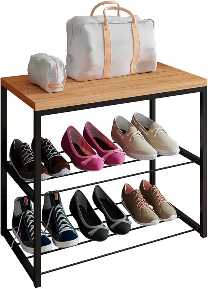 Sapateira Banco Industrial Para Hall/Closet/Quarto 2 Prateleiras em Chapa de Aço - LH Móveis (Cedro)