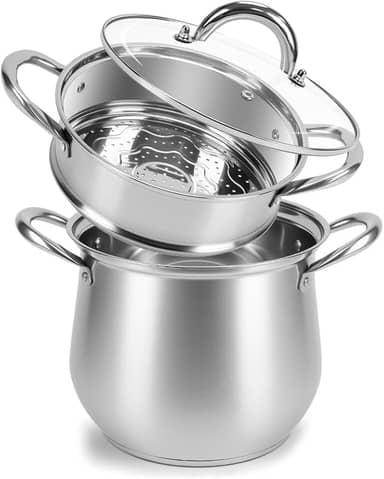Panela a Vapor, Conjunto de Panela Inox 5,5L 20cm, Espagueteira em Aço Inox Fundo Triplo com Tampa e Alças, Panela de Macarrão com Escorredor