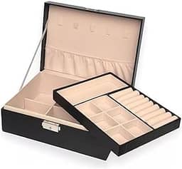 Amarme - Maleta Porta Joias Elegance Interior em Veludo com Tranca. Estojo Organizadora Grande de Dupla Camada para Joias, Brincos, Anéis, Bijuterias. Porta Jóias para Viagem Porta-Jóias Luxo Preto