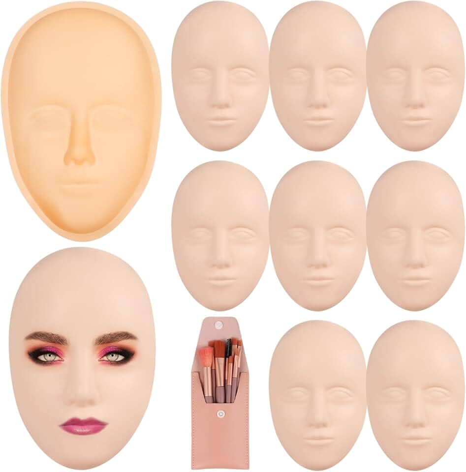 Conjunto de maquiagem para iniciantes, inclui 8 rostos de silicone, 8 pincéis e quadro de prática para aprimoramento de habilidades profissionais