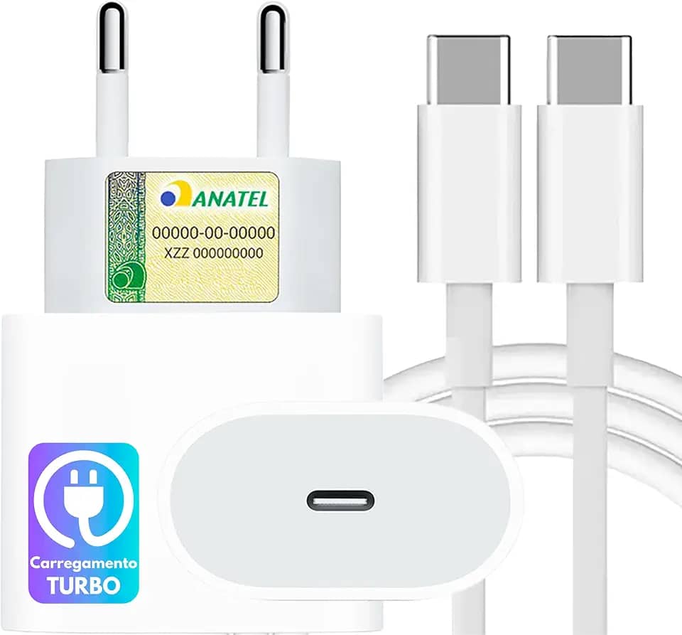 Carregador Turbo Compativel c/Novo iPhone 16, 16 pro, 16 pro max, 15, 15 pro, 15 pro max, Compativel c/Galaxy, IOS/Android, Fonte Carregador Entrada Tipo-C + Cabo USB-C Carregamento Ultra Rápido