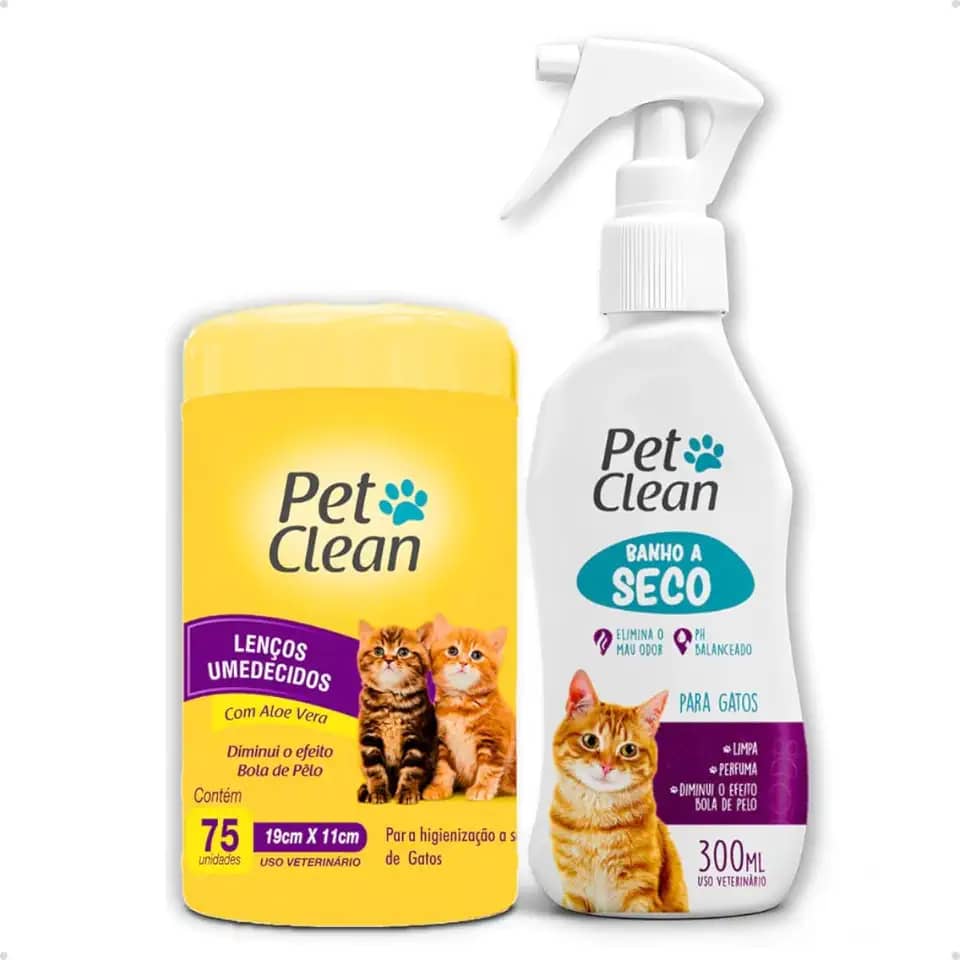 Kit Banho a Seco 300ml + Lenços Umedecidos com Aloe Vera 75 Unidades para Gatos Pet Clean