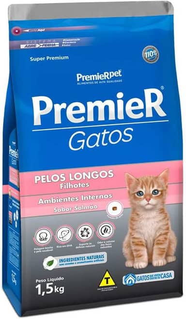 Ração Premier Ambientes Internos Pelos Longos para Gatos Filhotes Sabor Salmão - 1,5kg Premier Pet
