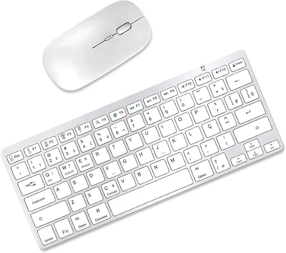 KIT Teclado e Mouse Sem Fio Bluetooth para Tablet Macbook iPad iMac Notebook PC, Premium Silencioso Minimalista Portátil ABNT2 - Branco