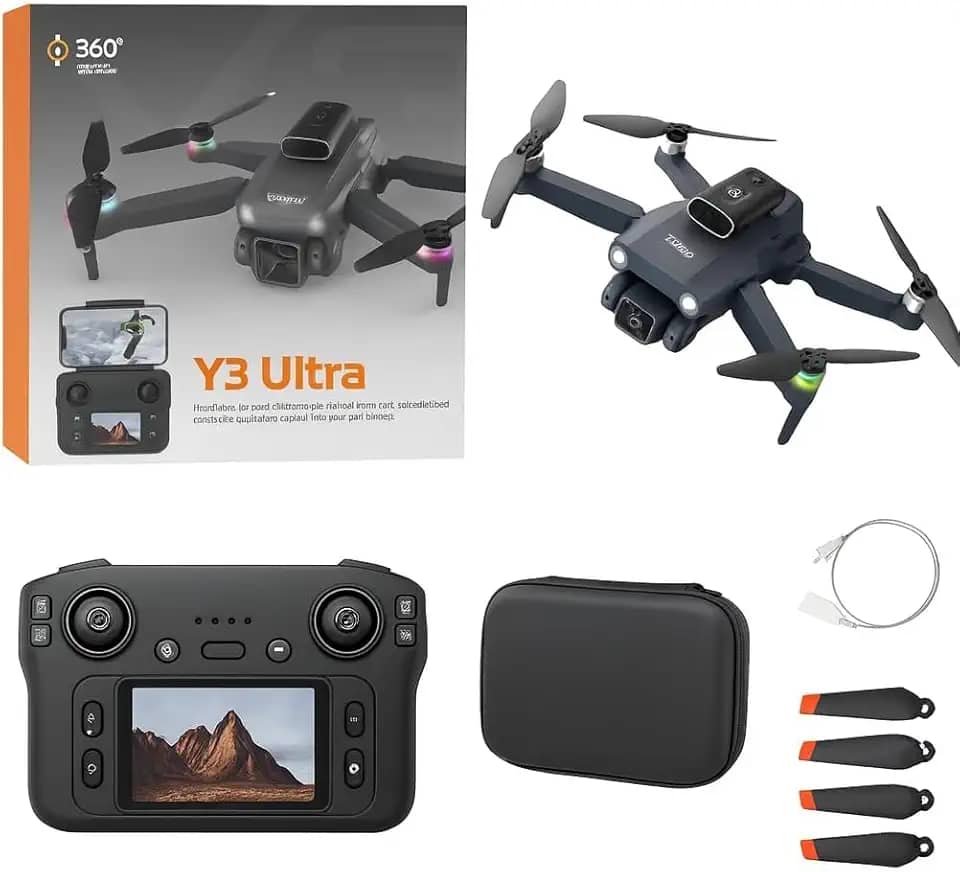 Drone Y3 Ultra Dobrável Com Câmera HD, Motores Brushless, Sensor de Obstáculos, Controle LCD, 3 Baterias, Estabilidade Óptica e Luzes LED, Fotos e videos aereos.