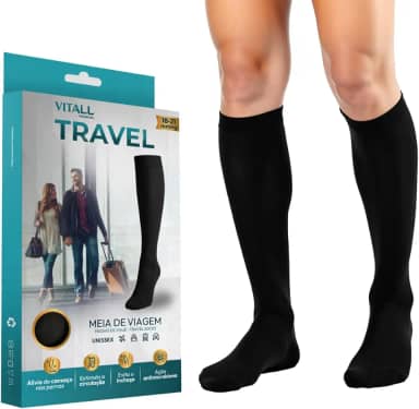 Meia Viagem de Avião Evita Trombose 3/4 Vitall Travel Média Compressão 18-21 mmHg Com Ponteira Preta Unissex