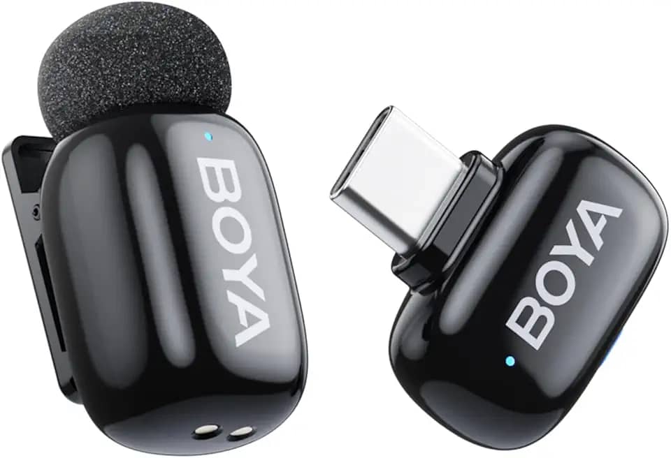 BOYA Mini microfones sem fio para iPhone 15-16/Android/PC com plugue USB-C, cancelamento de ruído AI de 3 níveis, trocador de voz, bateria de 100 metros 6h para gravação de vídeo, podcast, entrevista