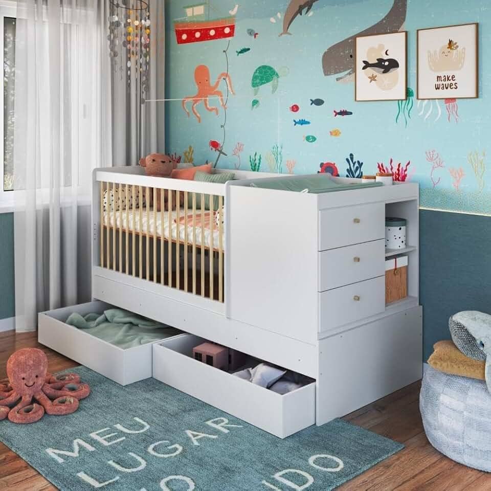 Berço Multifuncional com Cama Auxiliar 3 Gavetas Malu Branco