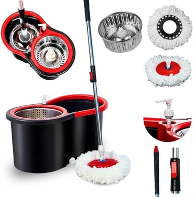 Mop Giratório Vermelho e Preto Com Cesto Em Inox C/2 Refil De Microfibra e Dispenser Para Sabão - Nybc