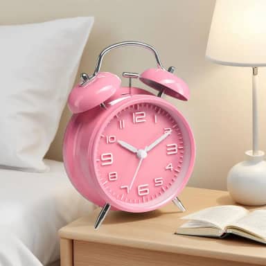 Despertador duplo de 10 cm para pessoas com sono pesado, luz de fundo, despertador à moda antiga operado por bateria para quartos (mostrador 3D, rosa)