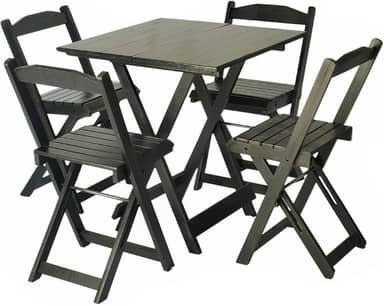 Mesa Dobrável 70x70 Tampo Madeira 4 Cadeiras Dobrável Retrátil - Preto