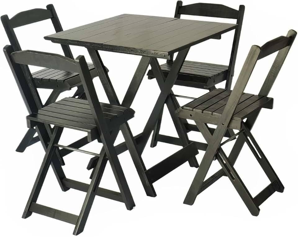 Mesa Dobrável 70x70 Tampo Madeira 4 Cadeiras Dobrável Retrátil - Preto