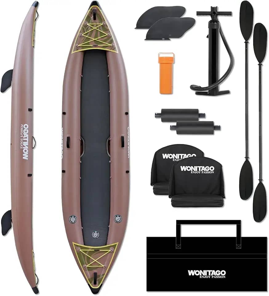 Caiaque inflável de PVC com piso de ponto de gota, caiaque de turismo recreativo com pá de caiaque, bomba de mão e bolsa de transporte, 1-2 pessoas