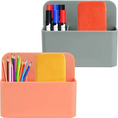 Pacote com 2 marcadores magnéticos apagáveis a seco e suporte de caneta para geladeira, marcadores de quadro branco e suporte magnético de copos, acessórios de armário para escola, cinza e rosa
