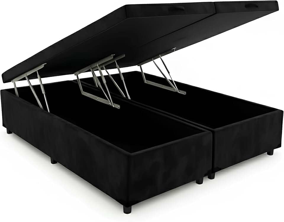 Cama Box Baú Queen Bipartido 79, Blindado, Pistão á Gás, Pés de Madeira (Suede, Preto)