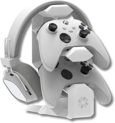 Suporte de Mesa Branco Compatível com 2 Controles e Headset – Organização para Xbox One, Series X|S, PS4, PS5 DualSense, Gamer Station com Estilo e Funcionalidade