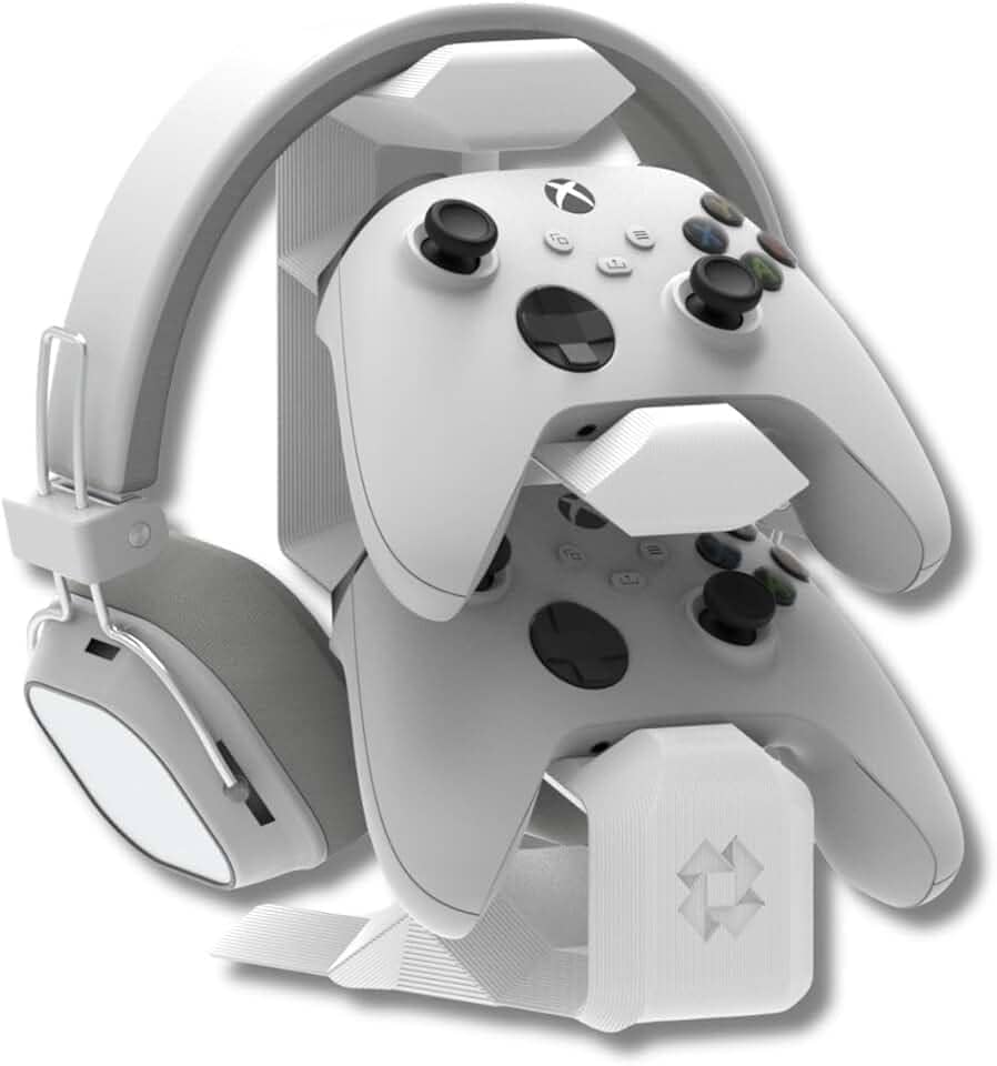 Suporte de Mesa Branco Compatível com 2 Controles e Headset – Organização para Xbox One, Series X|S, PS4, PS5 DualSense, Gamer Station com Estilo e Funcionalidade