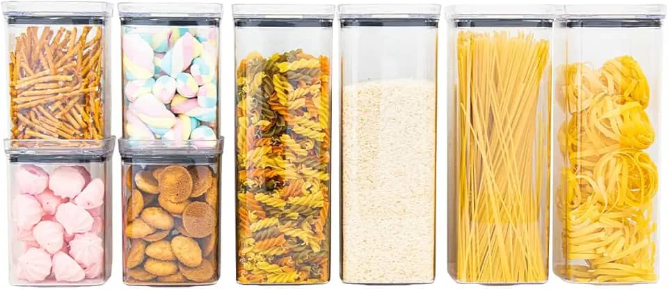 Kit 8 Potes Herméticos Acrílico Quadrado Empilháveis, Tampa de Vedação Silicone, Porta Alimentos e Mantimentos, Armário Cozinha Despensa
