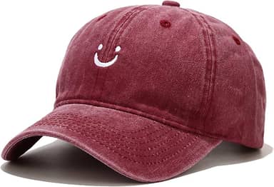 Boné de beisebol com rosto sorridente vintage, envelhecido, discreto, não estruturado, de algodão, ajustável, para mulheres e homens, Borgonha, tamanho �nico