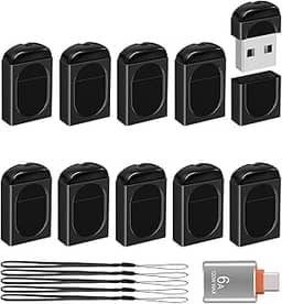 EASTBULL Unidades USB pequenas de 8 GB, pacote com 10 mini pen drives USB 2.0 com adaptador USB-C, mini pen drive FAT32 8 GB, pacote com 10 para armazenamento de dados (preto, 1 adaptador, 10 cordões)
