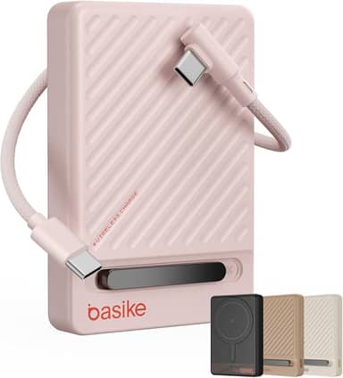 Basike, Power Bank Indução10000 mAh, Carregador Portatil Indução, Carregamento Rápido Máximo de 22,5W, Cabo USB-C Removível e Suporte Ajustável, para iPhone Série 16/15/14/13/12, AirPods (Rosa)