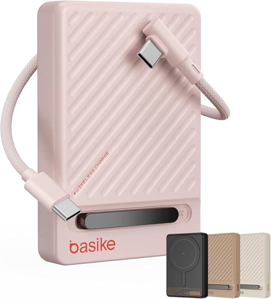 Basike, Power Bank Indução10000 mAh, Carregador Portatil Indução, Carregamento Rápido Máximo de 22,5W, Cabo USB-C Removível e Suporte Ajustável, para iPhone Série 16/15/14/13/12, AirPods (Rosa)