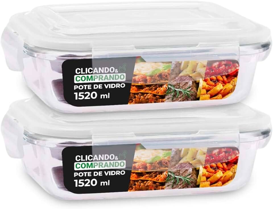 Kit 2 Potes de Vidro Retangular com Tampa Hermética 1520ml Cor: Transparente