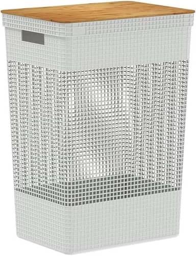 Ou Cesto de Roupas com Tampa de Bambu 49L Branco Oceano Linha Grid