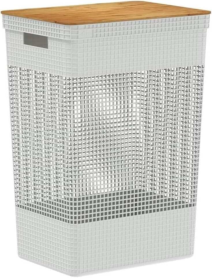 Ou Cesto de Roupas com Tampa de Bambu 49L Branco Oceano Linha Grid
