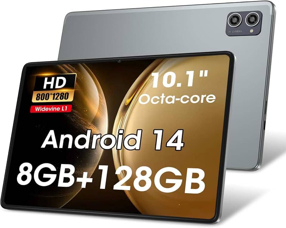Azeyou Tablet Android 14 atualizados 2025, processadores Octa-core para tablet de 10,1 polegadas com 8 GB de RAM, 128 GB de ROM, tela sensível ao toque IPS, Wi-Fi 6, BT 5.0, câmera dupla, bateria de