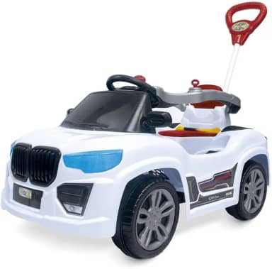 Carrinho de Passeio Infantil BM CAR Branco Com Anel de Proteção, Pedal com Eixo de Aço, Haste Removível, Cinto de Segurança, Buzina, Apoio para Pés, Ideal para Crianças de 12 a 24 Meses