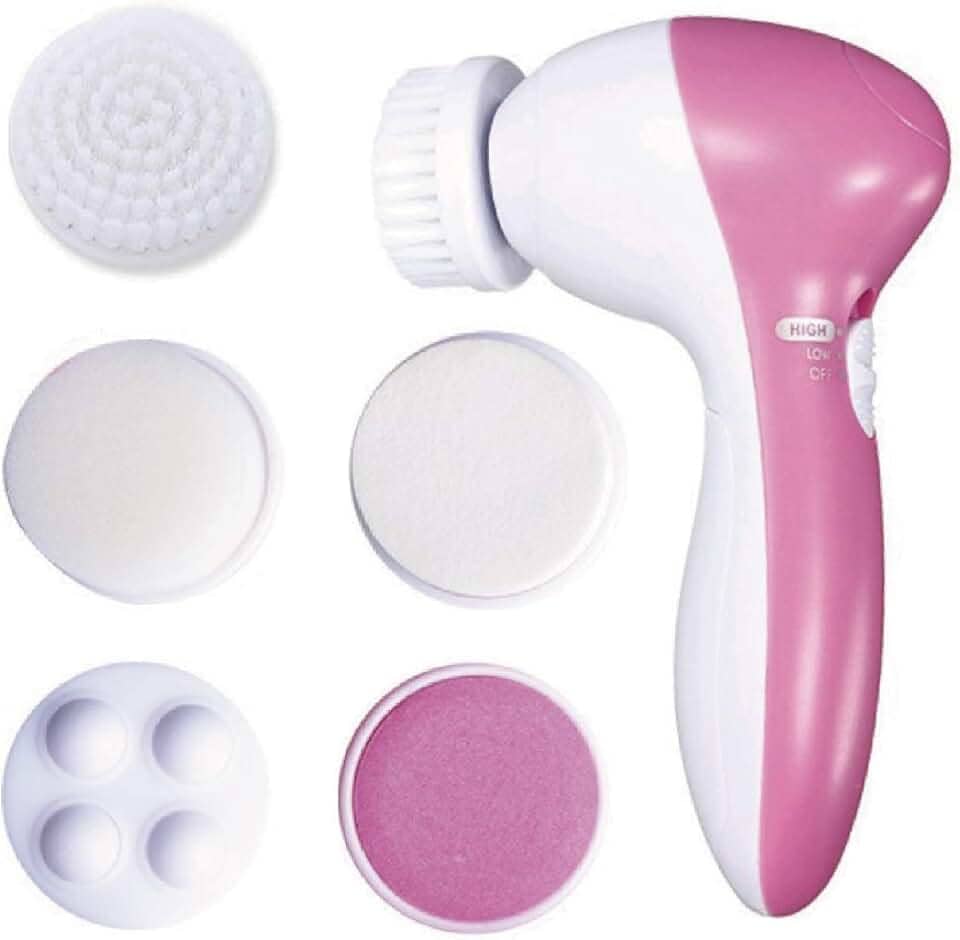 Escova de limpeza facial 5 em 1 escova facial elétrica multifuncional à prova d'água escova rotativa de limpeza de rosto com 5 cabeças de escova para limpeza profunda e esfoliação suave de cravos e massagem facial (rosa)