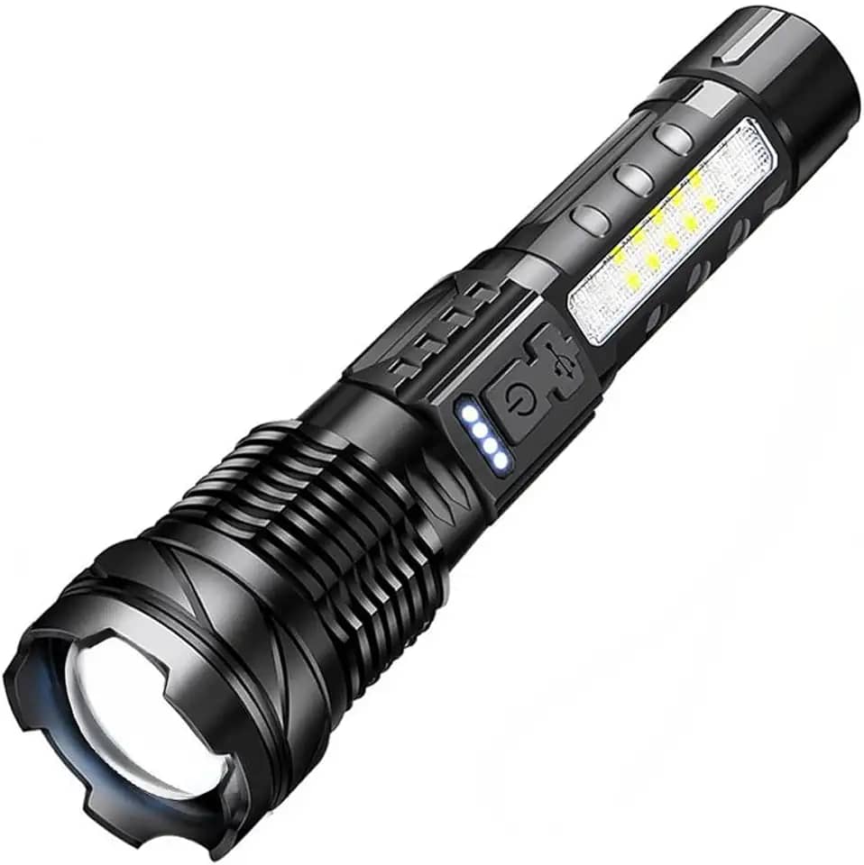 Lanterna Tática LED Recarregável USB Cor Preto Super Potente com Zoom Profissional de Luz Forte do Mundo Militar Pesca Portátil