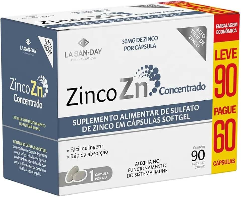 Zinco Concentrado (90 Cápsulas) - Auxilia no funcionamento do sistema imune, Contribui para a manutenção da estrutura óssea