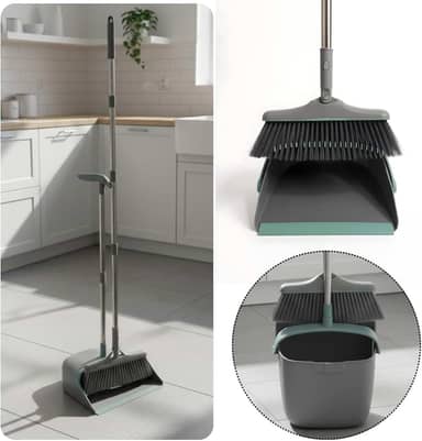 Kit Vassoura e Pá Ajustável Limpeza 2in1 Compacta Com Limpa Cerdas Suporte Parede Cesto Lixo
