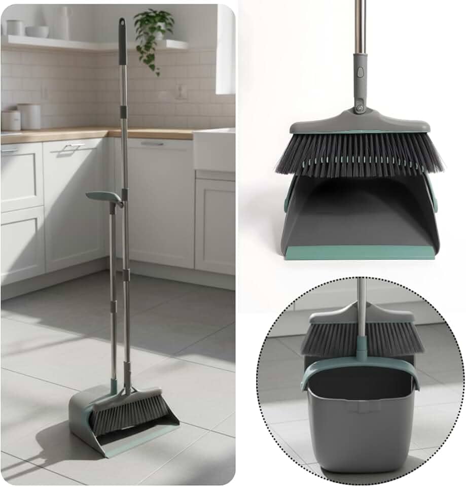 Kit Vassoura e Pá Ajustável Limpeza 2in1 Compacta Com Limpa Cerdas Suporte Parede Cesto Lixo